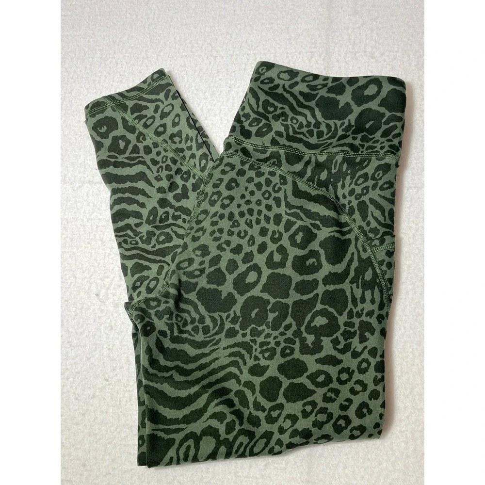 Freely Womens XL Leggings Olive Green Animal Print High Waist Pockets Athletic